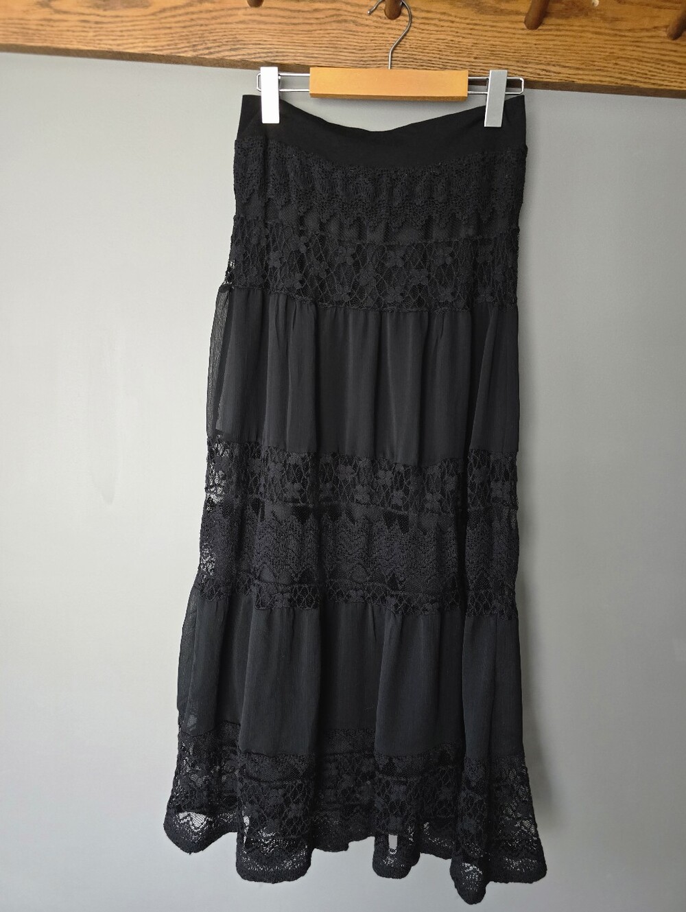 Lapis Gothic Black Tiered Lace Maxi Skirt,. Size Med